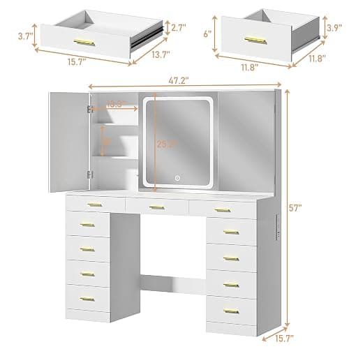 Vanity Desk with Mirror and Lights, 47.2" Makeup Vanity with 11 Storage Drawers and Hidden Storage Shelves, White Vanity with Charging Stations & 3 LED Lighting Modes Adjustable, for Bedroom thumbnail 2