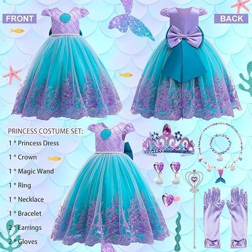 Robe Princesse Fille, Costume Déguisement Sirene Enfant avec Ensemble | Collier de Couronne, Robe Sirene Fille Bébé pour Costume Halloween Anniversaire Fêté Carnaval Cosplay thumbnail 2