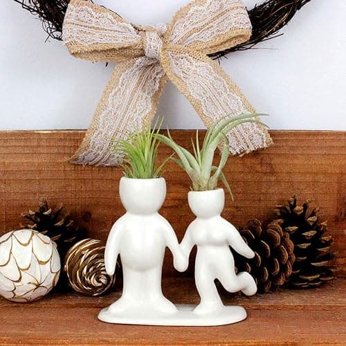 NW Wholesaler 5 Inch White Ceramic Couple Holding Hands People Shaped Planter with Two Live Tillandsia Air Plants - Potted Indoor Air Plants for Home and Office Decor thumbnail 5