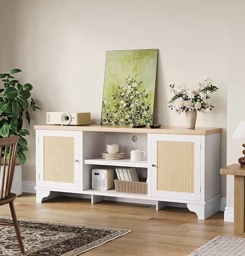 IDEALHOUSE 2 Piece Living Room Set, 62" TV Stand Coffee Table, White | Rattan TV stand and matching coffee table provide concealed storage and display space for an organized living room setup thumbnail 8