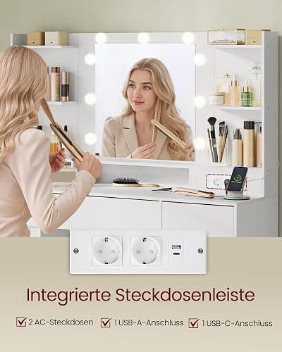 VASAGLE Kailyn Kollektion - Schminktisch mit Spiegel und LED-Leuchten, Steckdosenleiste, 9 Schubladen, 9 dimmbare Glühbirnen, 3 Lichtfarben, werkzeuglose Gleitschienen, wolkenweiß RDT141WB02 thumbnail 5
