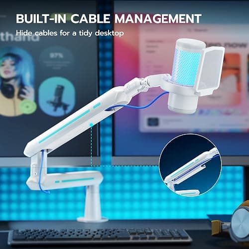 ARES WING Aluminum Low Profile Mic Arm with 4.4 lbs Load Capacity, Adjustable Microphone Boom Arm with 3/8” to 5/8” Screw Adapter, Desk Mount Mic Stand for Gaming Streaming Podcasting, White thumbnail 6