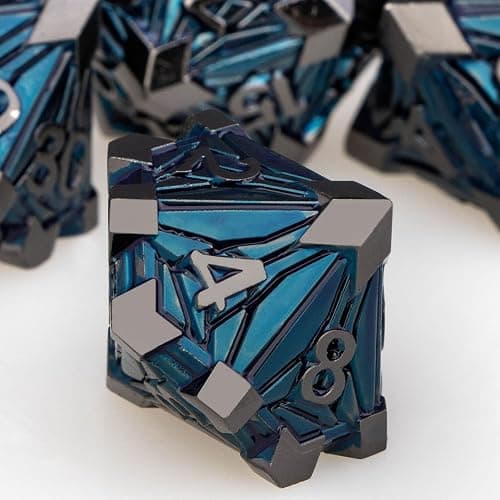 ORIFANTOU 7PCS Metal DND Dice Set with Box, Debris RPG Black Blue D and D Dice for use with D&D Tabletop Games Role Playing Game Polyhedral Dice Set D20 D12 D10 D8 D6 D4 thumbnail 4