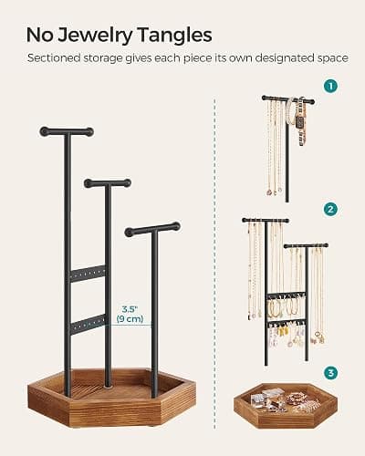 SONGMICS Jewelry Holder, Jewelry Organizer, 3 Tiers and 1 Tray, Jewelry Display Stand with Metal Frame, Necklace Earring Bracelet Holder, for Rings, Christmas Gift, Ink Black and Caramel Brown thumbnail 5