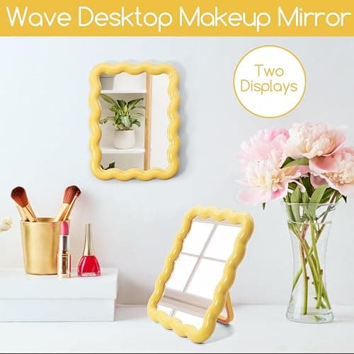 Philbinden Cute Wave-Shaped Desk Vanity Makeup Mirror, Portable Folding Travel Make Up Mirror for Standing/Hanging, Home Decorations Mirror for Women Girls (1, Yellow) thumbnail 7
