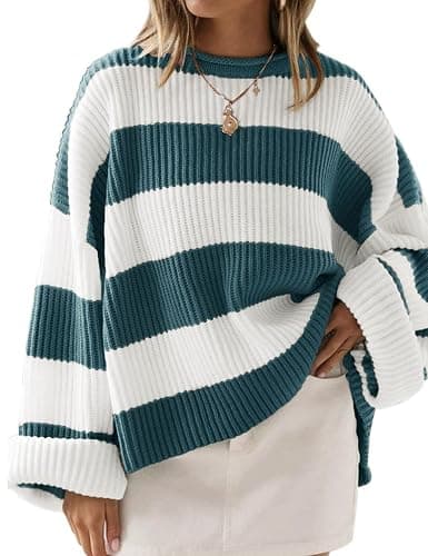 ZESICA Women's 2025 Fall Long Sleeve Oversized Striped Color Block Comfy Loose Crew Neck Knitted Pullover Sweater - Image 1