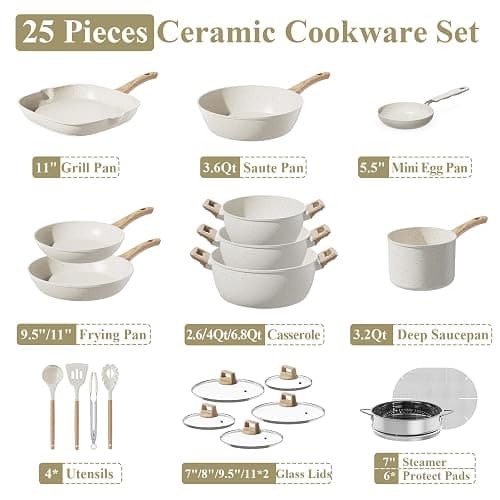 Bazova 25Pcs Pots and Pans Set Non Stick, Titanium-Reinforced Ceramic Cookware Set Non Stick, Non Toxic PFAS-Free Induction Ready, Long-Lasting Performance, Full Kitchen Set with 3 Casseroles thumbnail 7