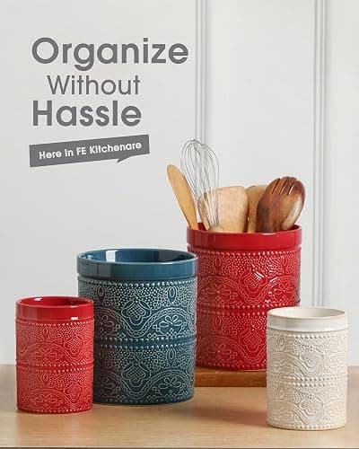 FUN ELEMENTS Kitchen Utensil Holder, 7.2" Super Large Utensil Crock Heavy and Stable Lace Emboss Ceramic Utensil Holder for Kitchen Counter (Bright White) thumbnail 6