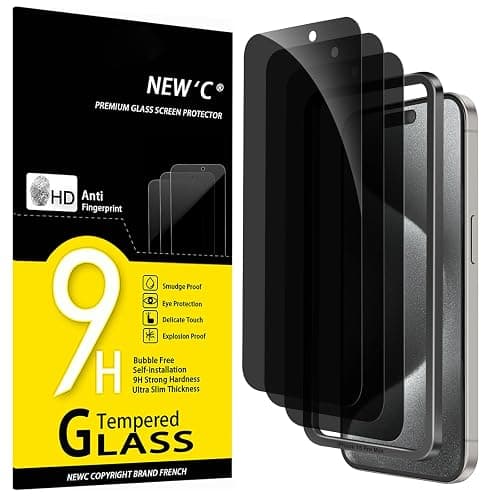 NEW'C 3 Pack Privacy Screen Protector for iPhone 15 Pro Max (6.7 inches), Anti-Spy Tempered Glass Film,Case Friendly Ultra Resistant, Balanced 28-Degree Privacy Angle-Easy installation tool included - Image 1