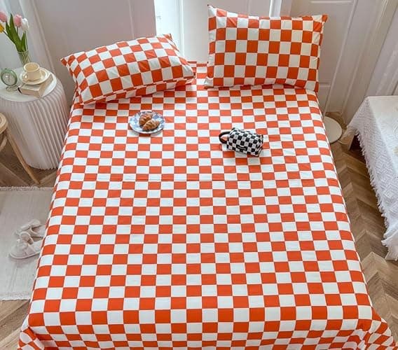 KAREVER Orange Grid Bed Sheet Set Orange White Checkered 4 Pieces Bedding Sheet Set 1 Fitted Sheet 1 Flat Sheet with 2 Pillowcases Orange Plaid Sheet Queen Size - Image 1