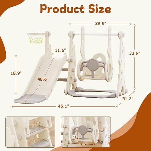 4 in 1 Toddler Slide and Swing Set, Baby Kids Slide for Age 1-3, Outdoor Indoor Playset with Basketball Hoop, Adjustable-Height Swing thumbnail 2