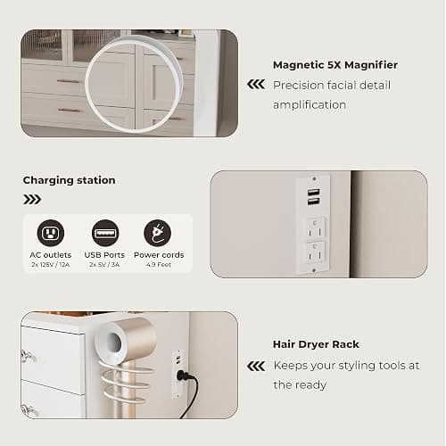 Otterease White Makeup Vanity, 11 Drawers Vanity Mirror with Lights, Makeup Vanity Desk with 3 Lighting Modes Adjustable Brightness, Vanity with Glass Top for Bedroom thumbnail 6