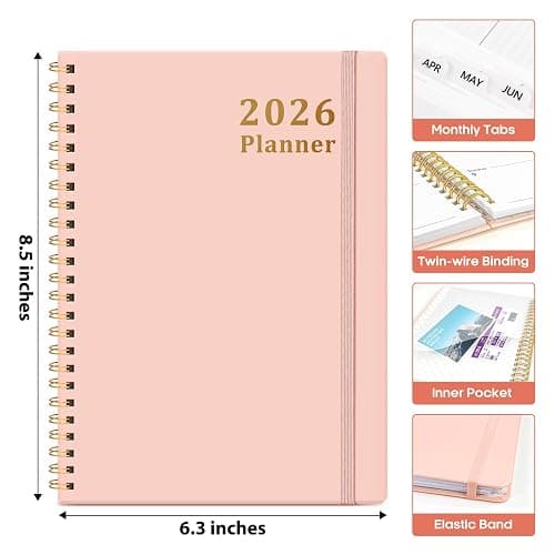 2026 Planner, Weekly and Monthly Calendar Planner, January 2026 - December 2026, Hardcover 2026 Calendar Planner Book with Tabs For Women & Men, Inner Pocket, Spiral Bound, Perfect for Office Home School Supplies - A5 (6.3" x 8.5"), Pink thumbnail 3
