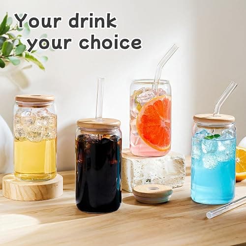 MHDCLY Iced Coffee Cup,Glass Cups with Lids and Straws,Drinking Glasses with Bamboo Lids and Glass Straw 4Pcs Set - 16Oz,Smoothie Cup,Beer Glasses,Clear Cute Tumbler Cup,Smoothie Cup thumbnail 7