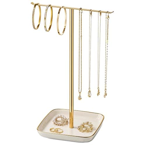pickpiff Necklace Holder Stand with Ceramic Base: 12" Jewelry Tree Display Organizer for Necklaces, Bracelets, Rings, Earrings, Tall Gold Stand for Women, Aesthetic Room Décor - Image 1