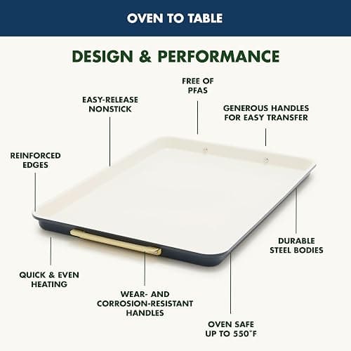 GreenPan Bakeware 13"x18" Half Baking Sheet Pan, Ceramic Nonstick Baking Pan, PFAS & BPA Free, Gold Handles, Durable Steel, Versatile & Space Saving Ovenware, Freezer to Oven Dish, Oxford Blue thumbnail 5