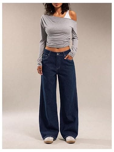 OYOANGLE Women's Striped Wide Leg Jeans Casual Pinstripe Denim Baggy Low-Rise 90s Trendy Pants with Pocket thumbnail 3