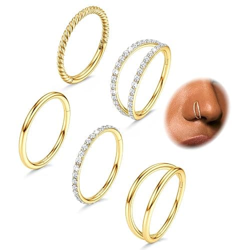 CASSIECA 5Pcs 18G 16G Surgical Steel Nose Rings Hoop for Women CZ Clicker Hinged Septum Ring Lip Helix Cartilage Double Hoop Earring Daith Rook Conch Body Piercing Jewelry for Women 8mm 10mm - Image 1
