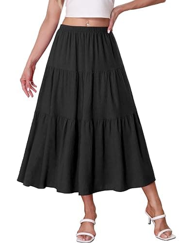 Kingfancy Women's Boho Midi Skirt A-Line Ruffle Elastic High Waist Tiered Flowy Skirts - Image 1