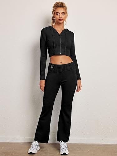 LILLUSORY Women's 2 Piece Knit Sets Slim Fit Zip Up Hooded Flare Leg Pants Set Sweatsuit thumbnail 3
