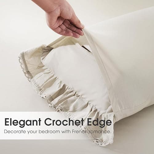 Vlocemon 100% Lightweight Cotton Ruffled Throw Plillow Shams, Crochet Edge Square Cushion Cover, Euro 26"×26" Throw Pillow Covers, Set of 2, for Bed, Sofa, Couch (Ivory) thumbnail 4