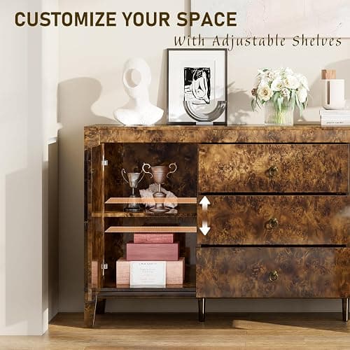 LUXOAK 60'' Burl Wood Buffet Sideboard, High Gloss Storage Cabinet with 3 Drawers & 2 Closed Cabinets, Mid-Century Modern Buffet Table for Dining Room Living Room, Dark Brown Burl thumbnail 4