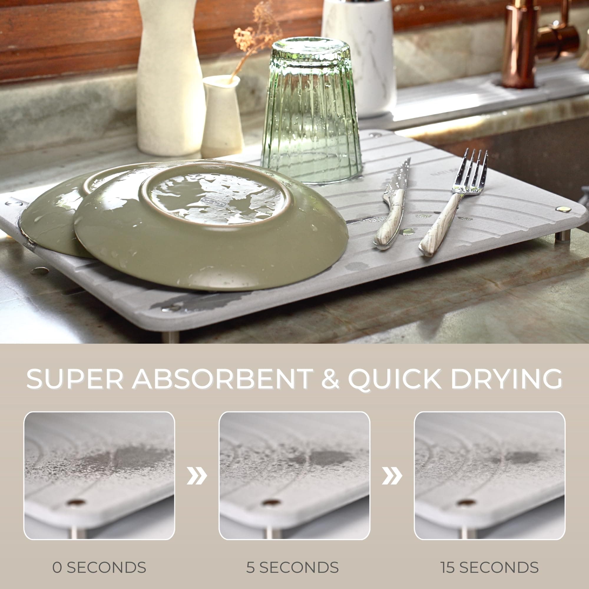 Home - Stone Dish Drying Mat | Super Absorbent, Quick Dry | Diatomite Mats for Kitchen Counter | Made of Natural Diatomaceous Earth | Absorbing Water Instantly | Design Tide | Colour Slate thumbnail 2