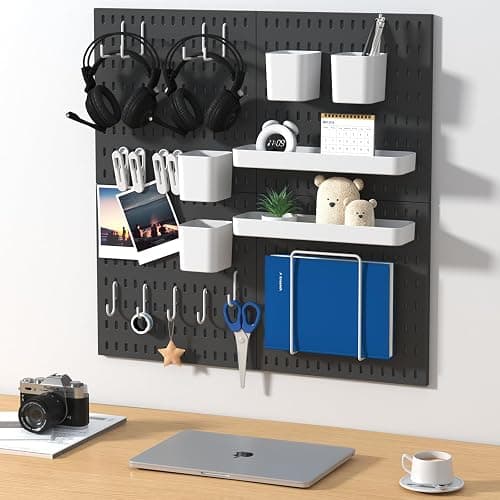 VEOFEMLEA Peg Board Combination Kit, 4 Pegboards with 20 Accessories, Pegboard Wall Organizer for Office, Nursery & Home Storage, Key Holder, 25.6"x25.6" – Nail-Free Installation（Black） thumbnail 2