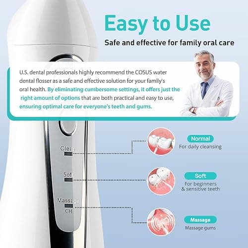 COSLUS Water Dental Flosser Teeth Pick: Portable Cordless Oral Irrigator 300ML Rechargeable Travel Irrigation Cleaner IPX7 Waterproof Electric Flossing Machine for Teeth Cleaning C20(F5020E) White thumbnail 5