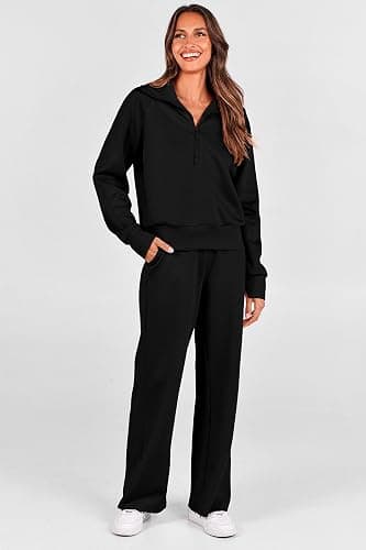 PRETTYGARDEN Women's 2 Piece Outfits Casual Lapel Half Zip Sweatshirts and Wide Leg Pants Tracksuit Sets thumbnail 7