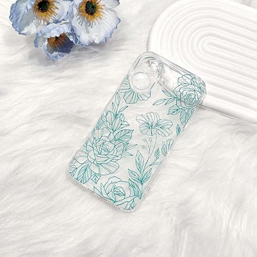 NITITOP Compatible with iPhone 16 Case Cute Clear Floral Flower Pattern for Girls Women Soft TPU Full Camera Lens Shockproof Protective Phone Cover - Teal thumbnail 2