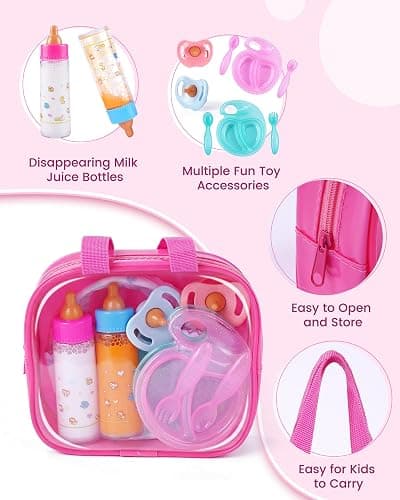 BABESIDE 13 Pcs Baby Doll Accessories Set with Magic Bottles Diapers Pacifiers and Storage Bag, Baby Doll Feeding Set with Realistic Baby Doll Accessories for Girls Pretend Play Toys thumbnail 3