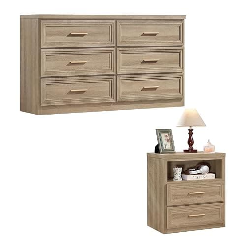 RWYHG Dresser and Nightstand Sets 2 Piece, 6-Drawer Dresser, Oak | Farmhouse Bedroom Dresser and Nightstand Set with 6-Drawer Dresser and 2-Drawer Nightstand, Metal Handles and Ample Storage - Image 1