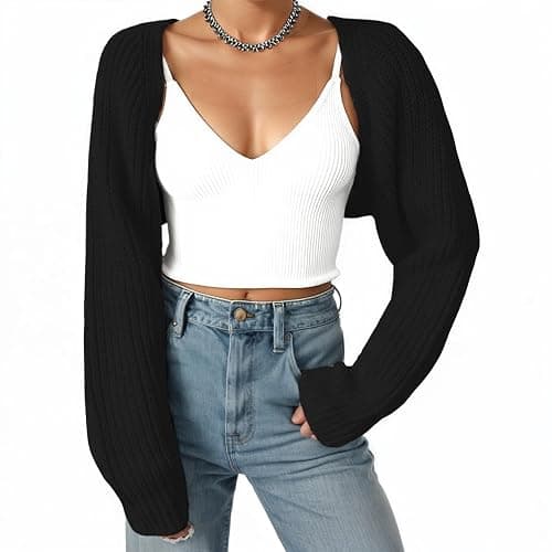 Fuimsul Women Open Front Ribbed Knit Crop Bolero Drop Shoulder Long Sleeve Solid Loose Fit Knitted Crop Cardigan Shrug thumbnail 8