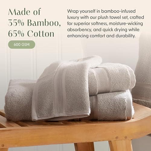 Springtree Home Luxury Bamboo Rayon Bath Towel Set of 4 | 35% Bamboo Rayon - 65% Cotton | Absorbent Quick-Dry Towels for Bathroom | Oeko-TEX Standard 100 Cotton | Cobblestone thumbnail 3