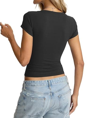 EasyGala Womens Deep V Neck Short Sleeve Shirts Sexy Slim Fitted Crop Tops | Buttery-soft Fabric, Low Cut, Casual Layering, Summer, Cute, Going Out, Dailywear, Date Night, Party, Beach Vacation Clothes thumbnail 6