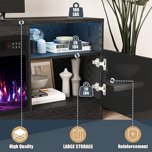 VITESSE Fireplace with TV Stand 36" inch Electric Fireplace Up to 80" TVs, LED Light Entertainment Center, 70" Modern Wood High Gloss with Highlight Storage Cabinet for Living Room (Black) thumbnail 7