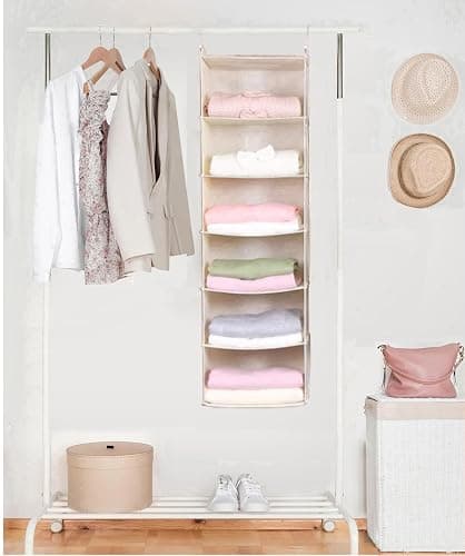 MAX Houser 6 Tier Shelf Hanging Closet Organizer, Cloth Hanging Shelf with 2 Sturdy Hooks for Storage, Foldable (Beige) - Beige thumbnail 5