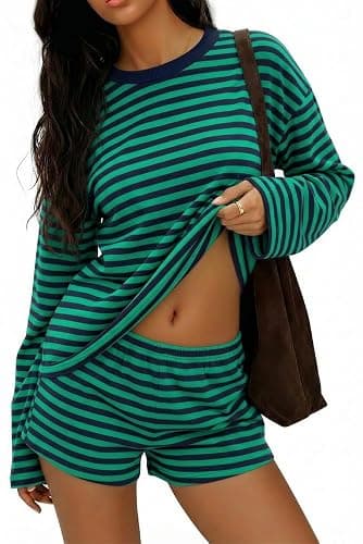 Opemiby Women 2 Piece Short Sets Outfit Casual Long Sleeve Top and Shorts Matching Lounge Set with Pockets - Image 1