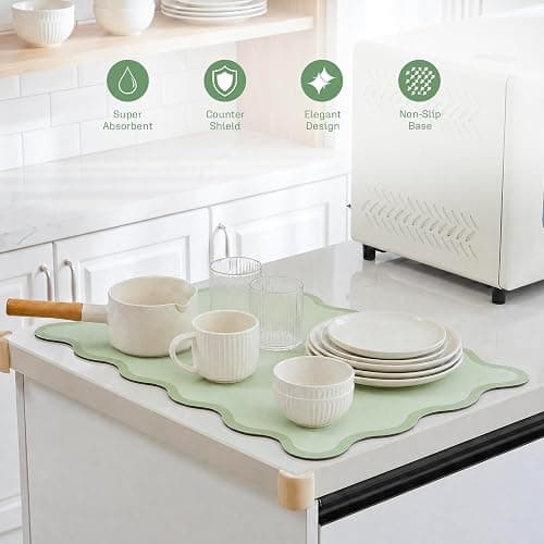 Scalloped Dish Drying Mat for Kitchen Counter, Absorbent Easy Clean Non-slip Coffee Bar Station Accessories, Trendy Cute Aesthetic Modern Drainer Kitchen Drying Mat, Sage Green 12" x 19" thumbnail 3