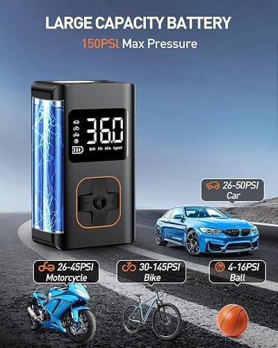 Tire Inflator Portable Air Compressor - 150 PSI Mini Portable Air Pump for Car Tires, Cordless Electric Bike Tire Pump with Digital Pressure Gauge, LED Light for Auto, Car, Motorcycle, Bicycle, Ball thumbnail 3