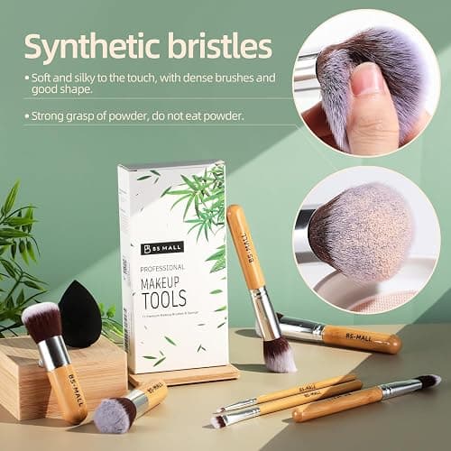 BS-MALL Makeup Brush Set 11Pcs Bamboo Synthetic Kabuki Brush Set Foundation Powder Blending Concealer Eye shadows Blush Cosmetics Brushes with Organizer Bag & Makeup Sponge (style, Count, 12) thumbnail 2