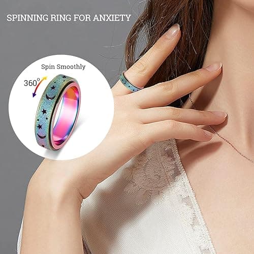 AmorArtSky Anxiety Ring for Women Men, Titanium Stainless Steel Spinner Ring, 5 Colors, 6MM, Size 6-10, 3 Styles Anxiety Ring-Moon Star, Sandblasted Finished, Hollow Outer thumbnail 4