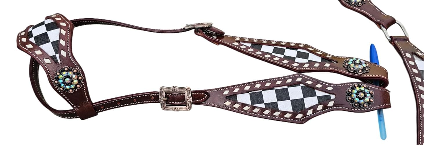 Western Tack Set Horse - Black and White Checkered Gladiator Design | Headstall and Breast Collar | Leather Horse Riding Tack for Barrel Racing, Rodeo & Show thumbnail 3