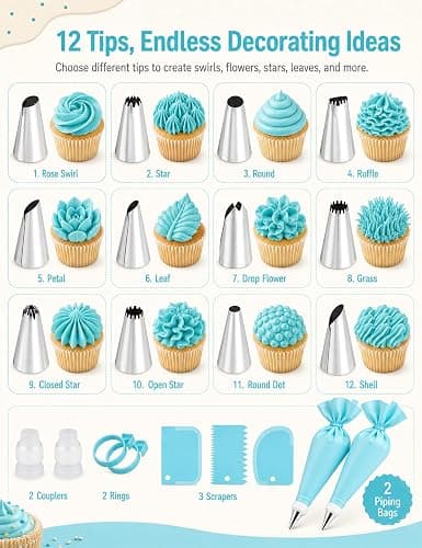 Reusable Piping Bags and Tips Set, 21-Piece Cake and Cupcake Decorating Kit | Reusable piping bags pair with 12 icing tips, couplers and scrapers for precise frosting and easy cake or cupcake decorating. thumbnail 3