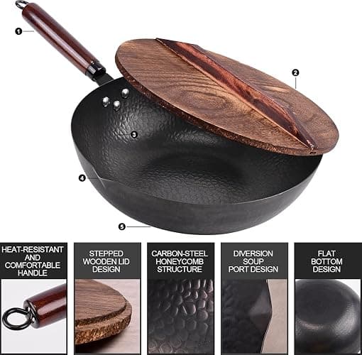 Leidawn 12.8" Carbon Steel Wok-11Pcs Woks & Stir Fry Pans Wok Pan with Lid, No Chemical Coated Chinese Woks with 10 Cookware Accessories, Flat Bottom Wok for Electric, Induction,Gas Stoves thumbnail 3