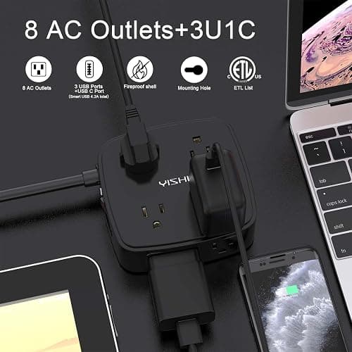 6 Ft Surge Protector Power Strip - 8 Widely Outlets with 4 USB Ports, 3 Side Outlet Extender with 6 Feet Extension Cord, Flat Plug, Wall Mount, Desk USB Charging Station, ETL,Black thumbnail 2