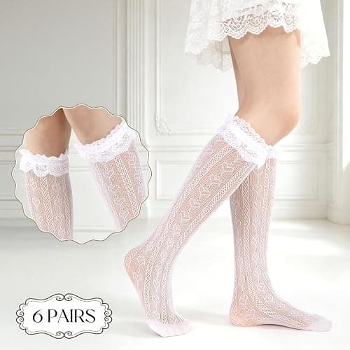 scenicamp 6 Pairs Women's Fishnet Knee High Socks Stylish Lace Hollow Stockings, Fishnet Mesh Hollow Out Calf Socks for Women thumbnail 3