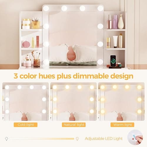 BEWISHOME Large Vanity Desk with Mirror and Lights,Glass Top,9 Drawers | White Makeup Vanity Table with 4 Storage Shelves,Dressing Table with Power Outlet,Vanity Stool for Women,Girls,Bedroom FST39 thumbnail 5