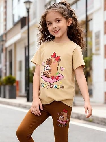 WMHNEI Girls 2 Piece Outfits - Short Sleeve Graphic Top & Leggings Spring Kids ClothingSet with for 6-12 Years thumbnail 3